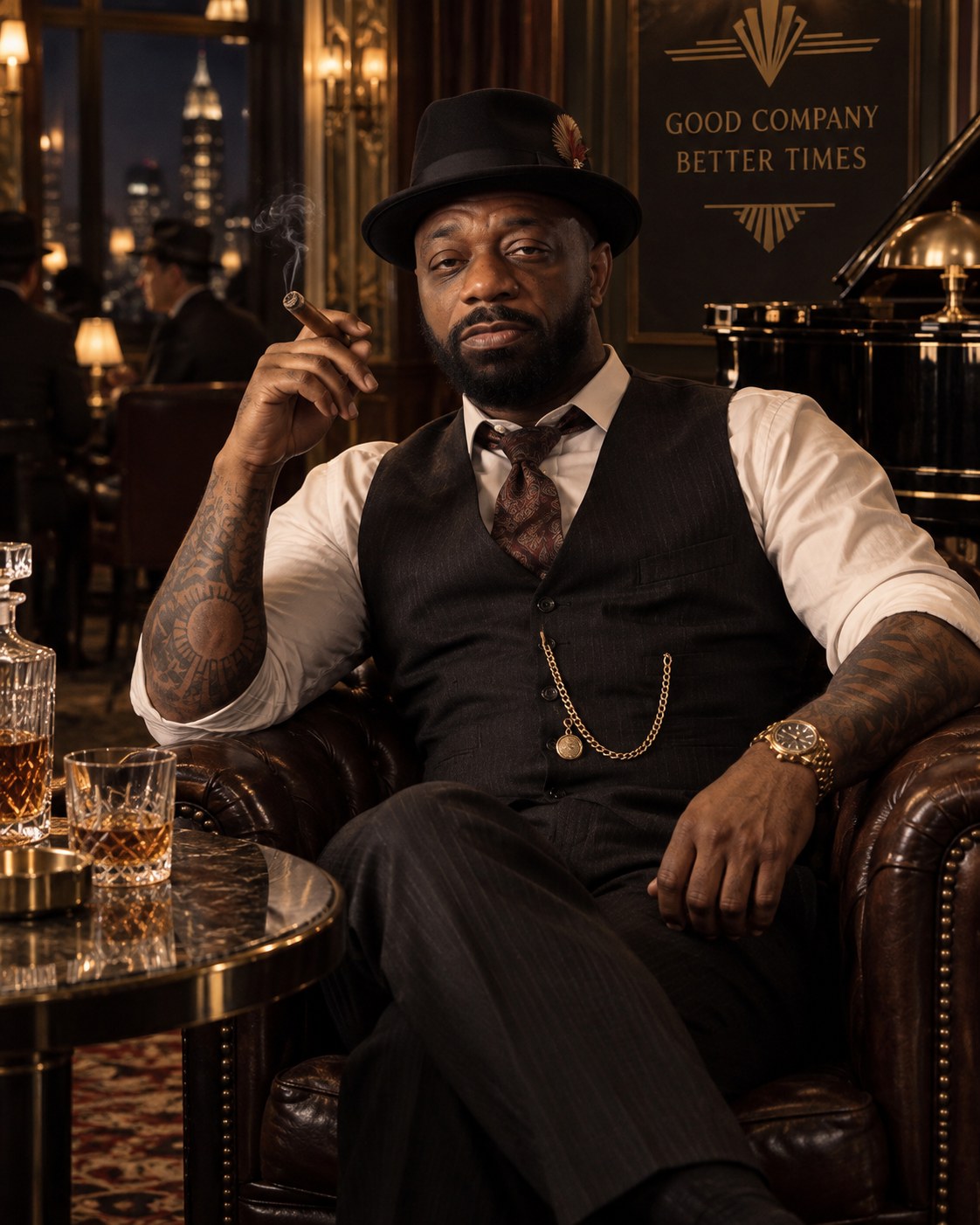 Zilla Cartel seated in a dimly lit lounge with the New York skyline behind him